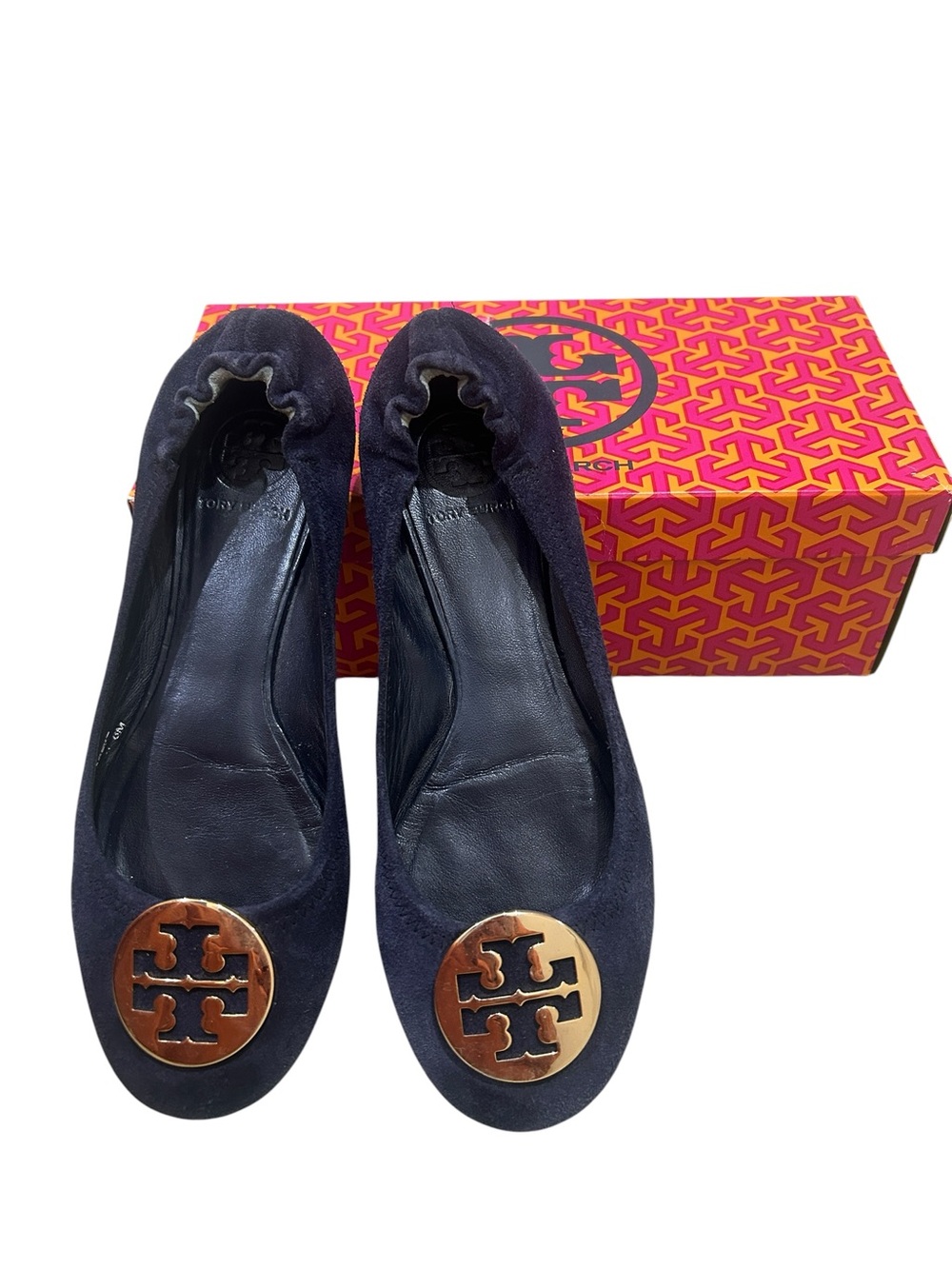 Tory Burch Reva Navy Suede Flats with Gold Logo Medallion in box size 8